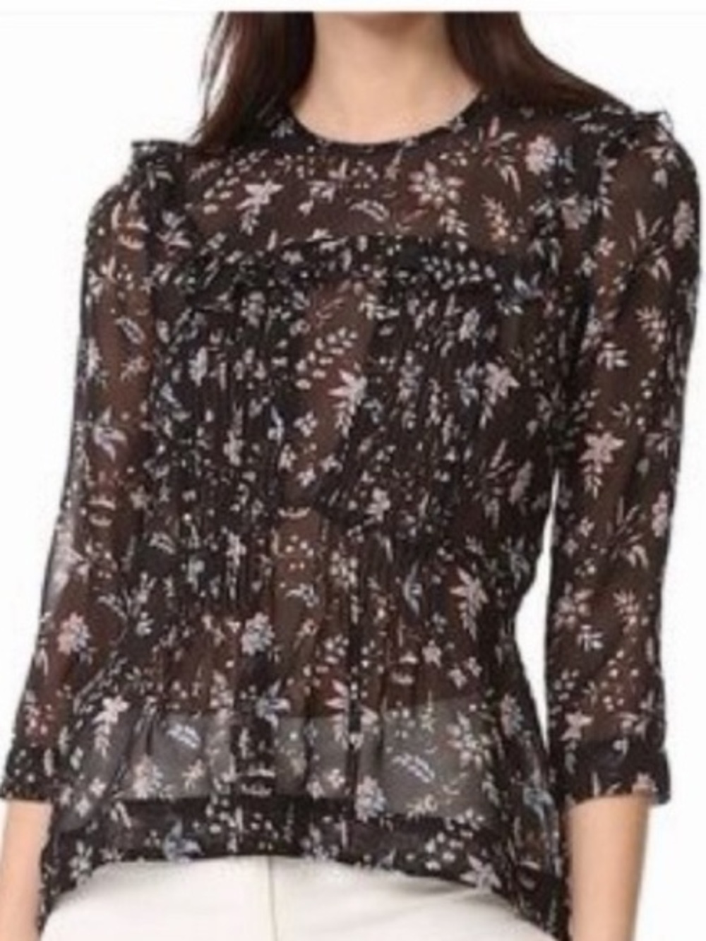 Veronica Beard Black Floral Sheer Ruffle Blouse